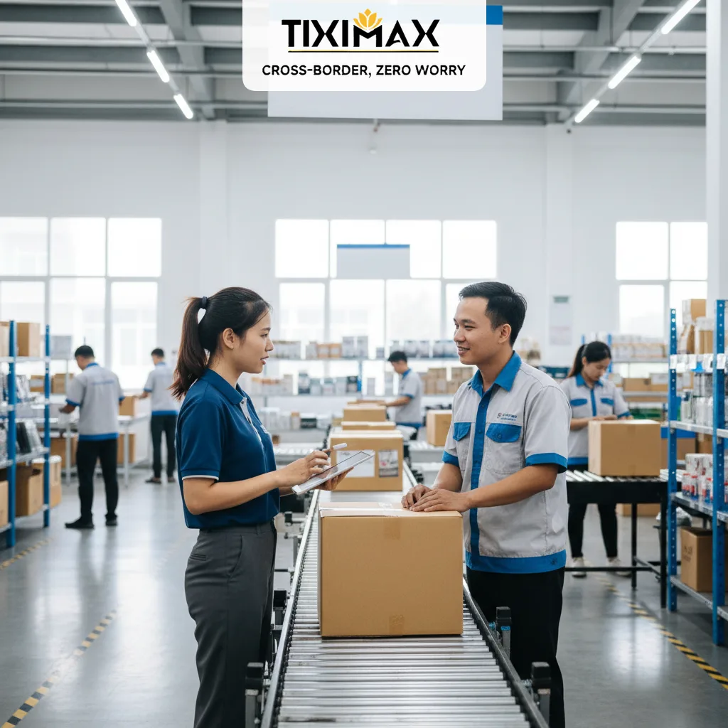 Hai nhân viên kiểm tra kiện hàng mua trên Amazon về Việt Nam băng chuyền trong kho.