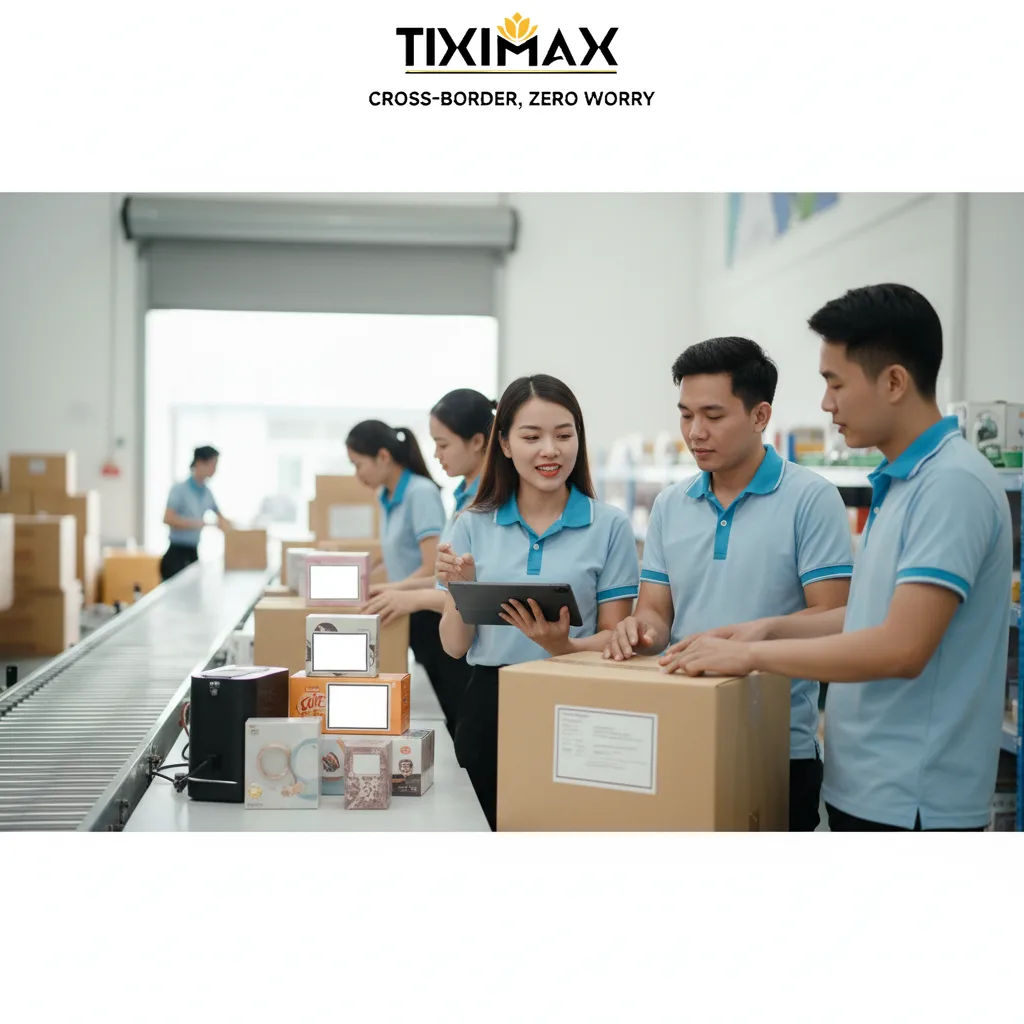 Nhân viên kiểm tra gói hàng mua trên Amazon về Việt Nam ở trên băng chuyền trong kho.
