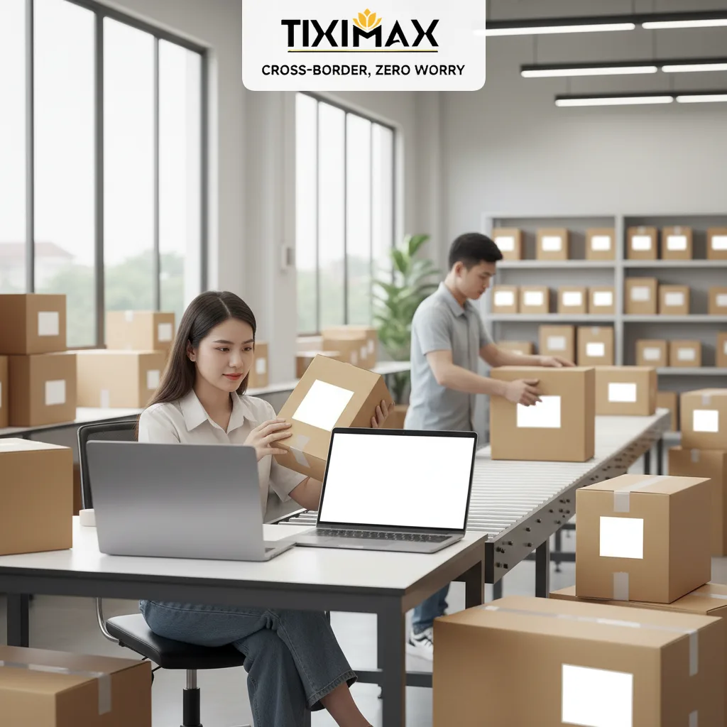 Hai nhân viên kiểm tra, sắp xếp kiện hàng mua trên Amazon về Việt Nam trong kho.