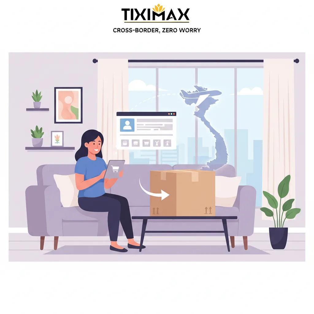 Người phụ nữ mua sắm online, kiện hàng, máy bay vận chuyển về Việt Nam.