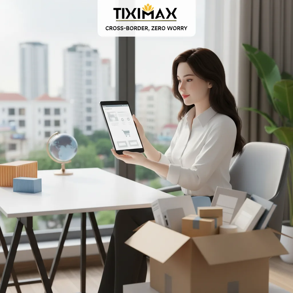 Người phụ nữ xem mua sắm hàng Amazon về Việt Nam online trên tablet, cạnh hộp hàng.