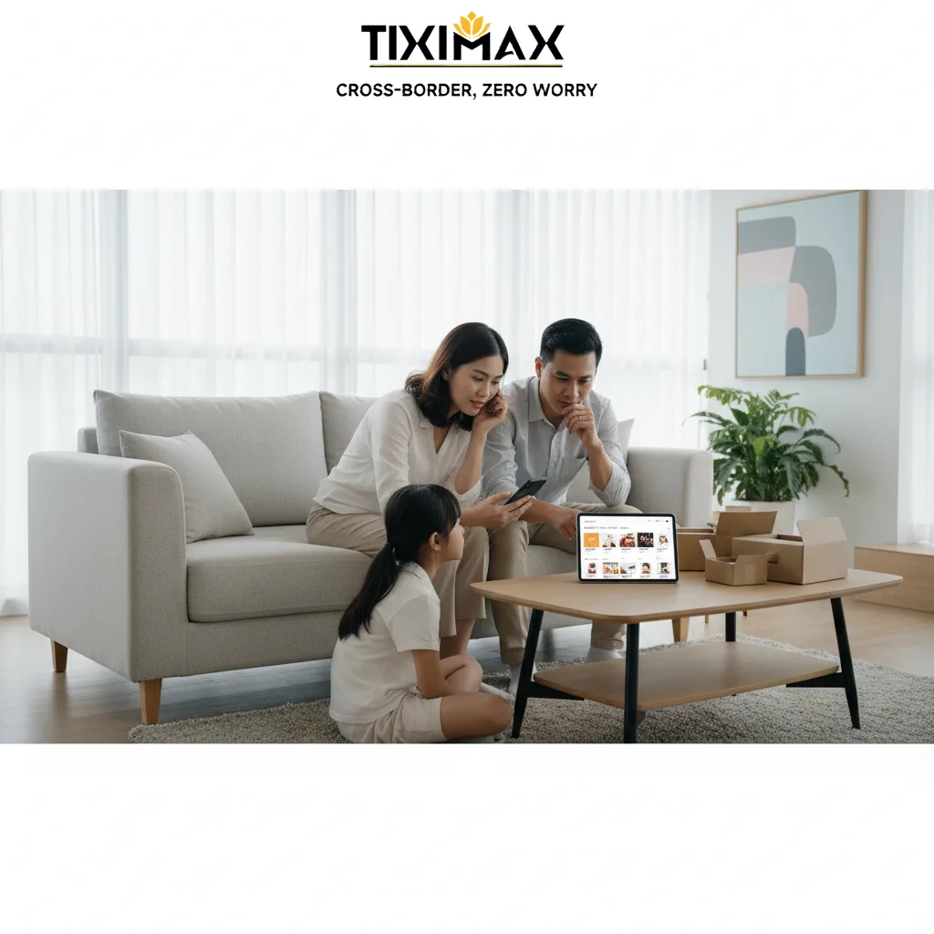 Gia đình ngồi phòng khách, xem mua hàng trên Amazon có rẻ hơn không