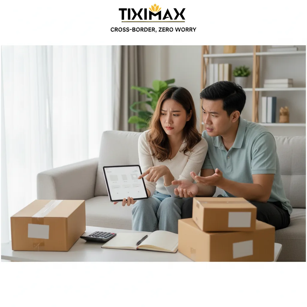 Cặp đôi Việt Nam xem máy tính bảng, hộp hàng trên bàn.