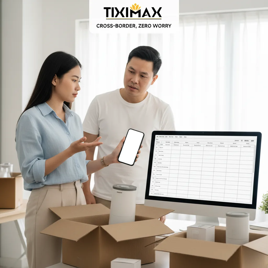 Người phụ nữ và đàn ông xem điện thoại, hộp hàng mua hàng trên Amazon có rẻ hơn không.