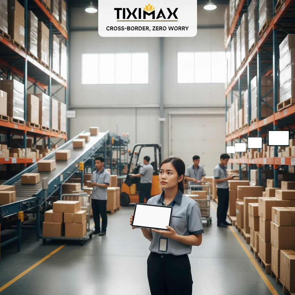 Nữ nhân viên kiểm tra mua hàng trên Amazon có rẻ hơn không trong kho logistics.