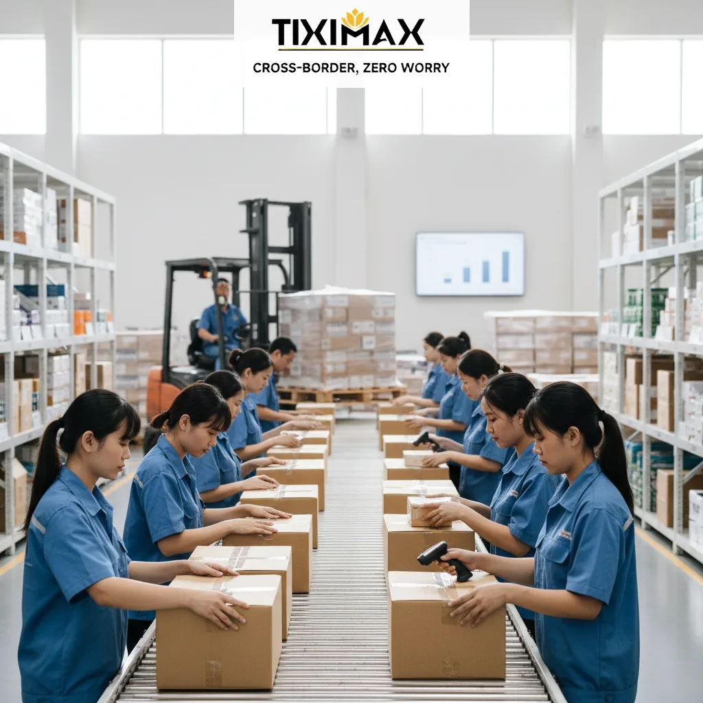 Nhân viên xử lý hàng hóa trên băng chuyền trong kho.