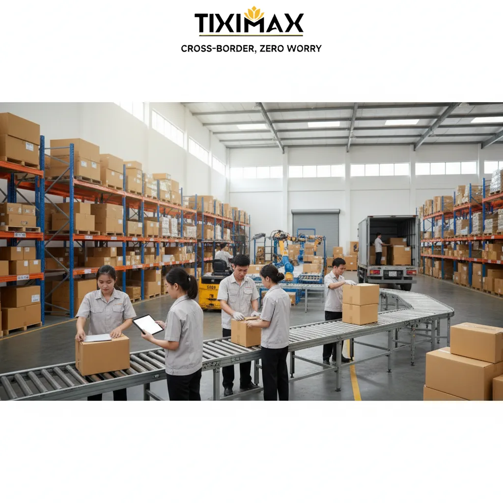 Nhân viên xử lý hàng hóa trên băng chuyền trong kho.