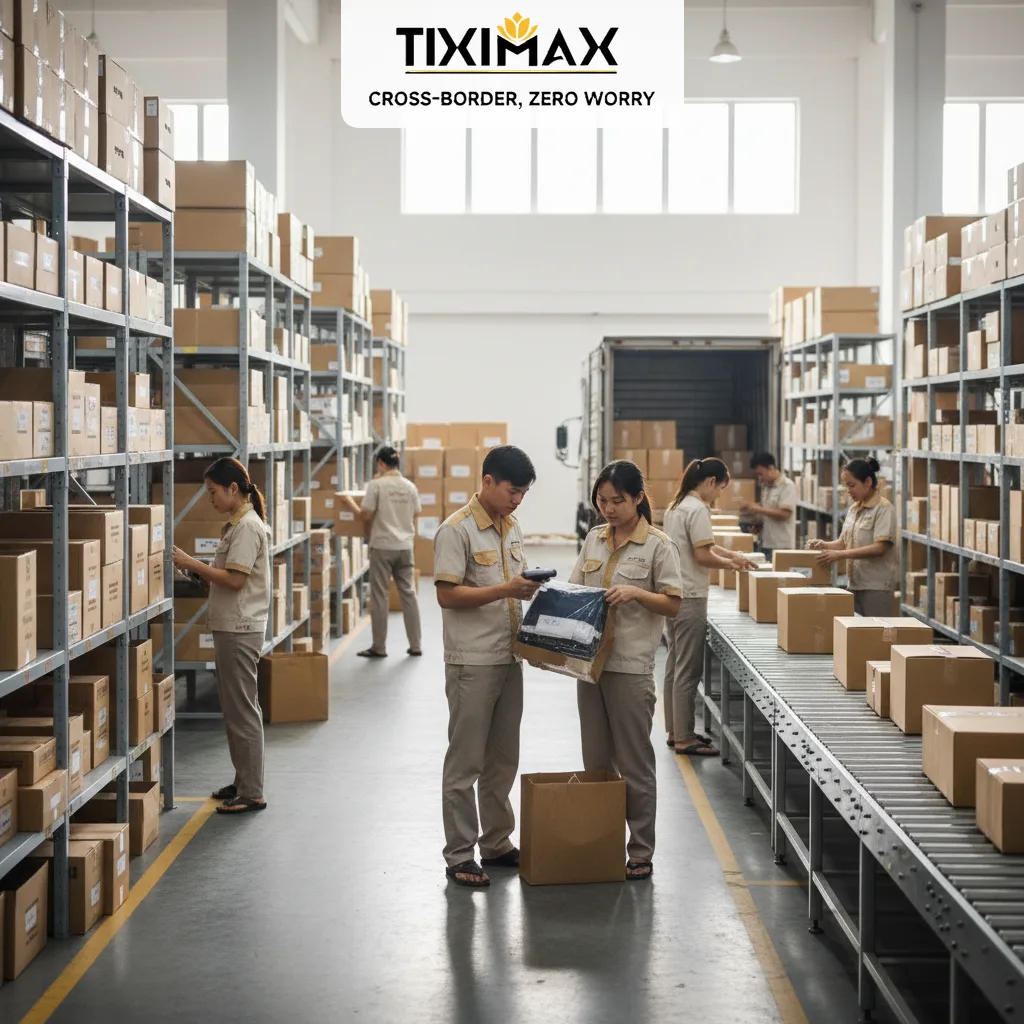 Nhân viên kho Tiximax phân loại, quét mã sản phẩm.
