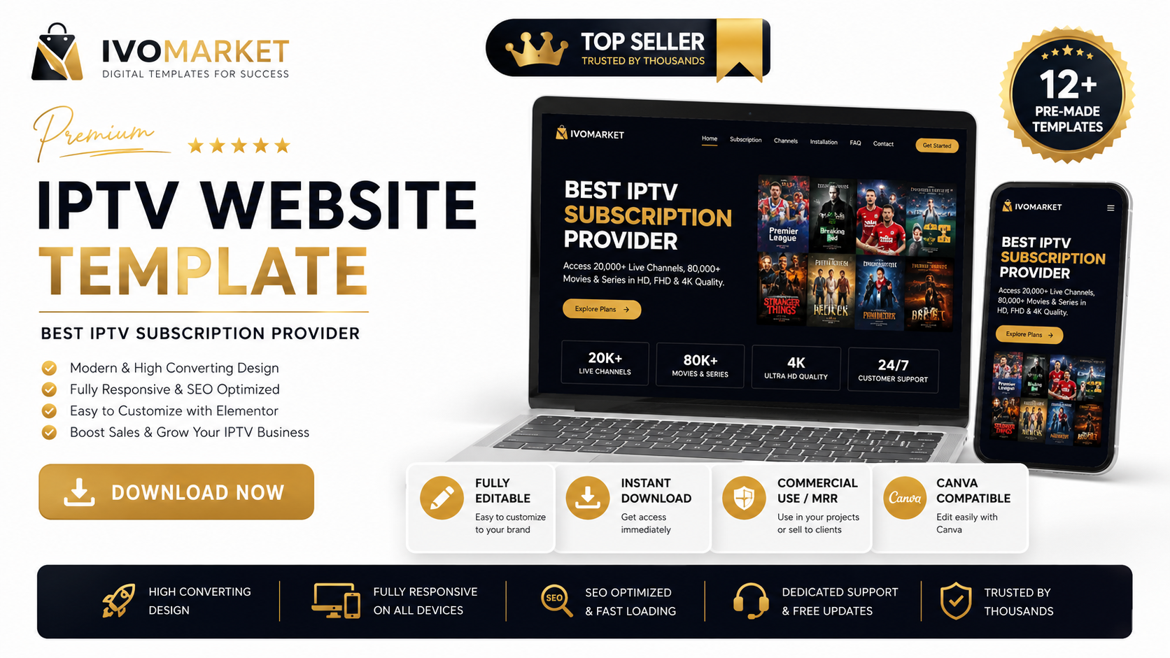 Premium IPTV Website Template for WordPress Elementor | IPTV Streaming Business Website | Fully Editable | Instant Download