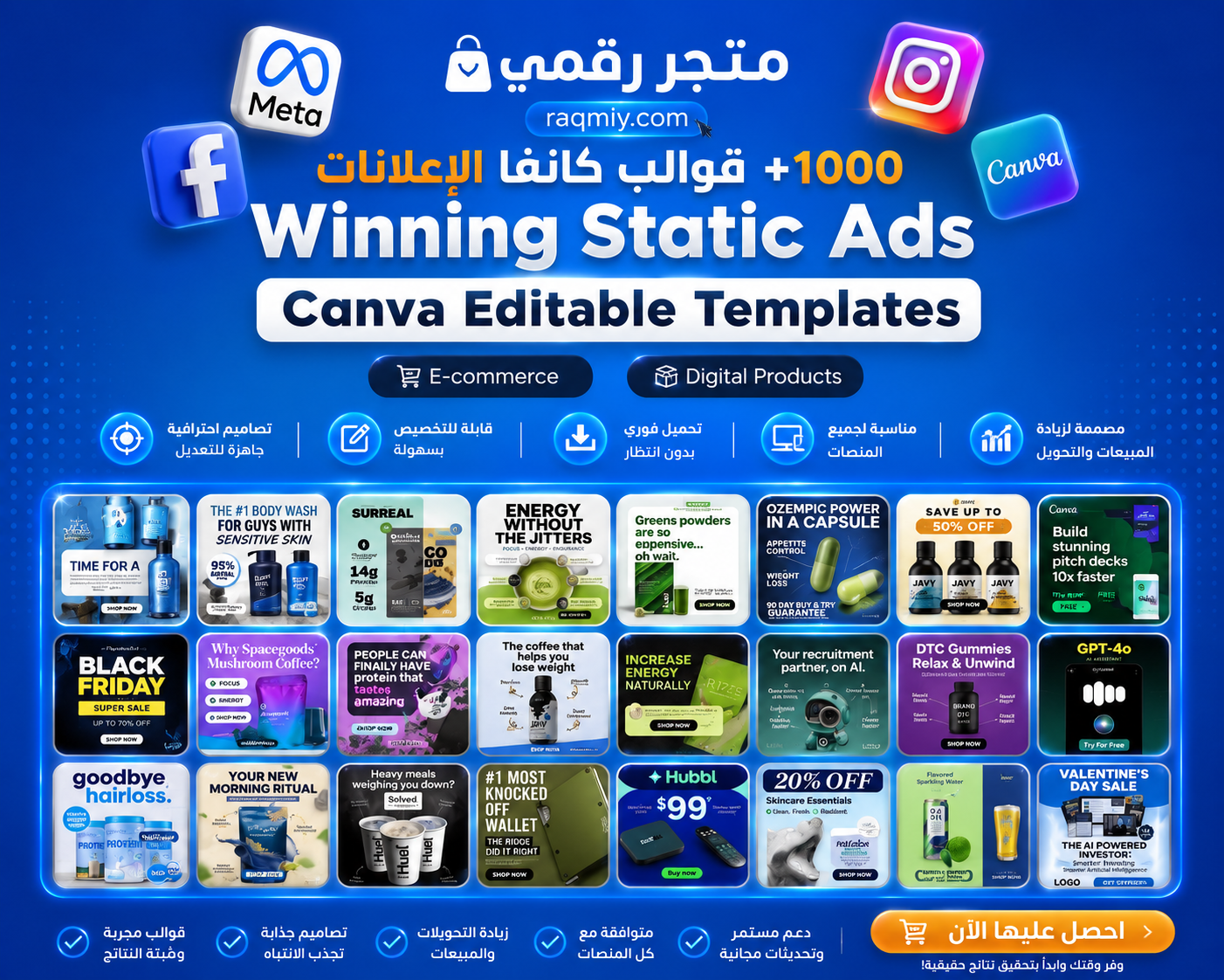 حزمة 1000+ قوالب Meta Ads Canva (بترخيص PLR + MRR)