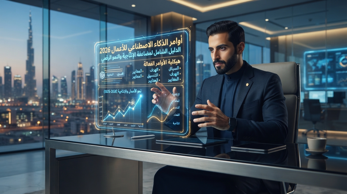 أوامر الذكاء الاصطناعي للأعمال 2026: الدليل الشامل لمضاعفة الإنتاجية والنمو الرقمي