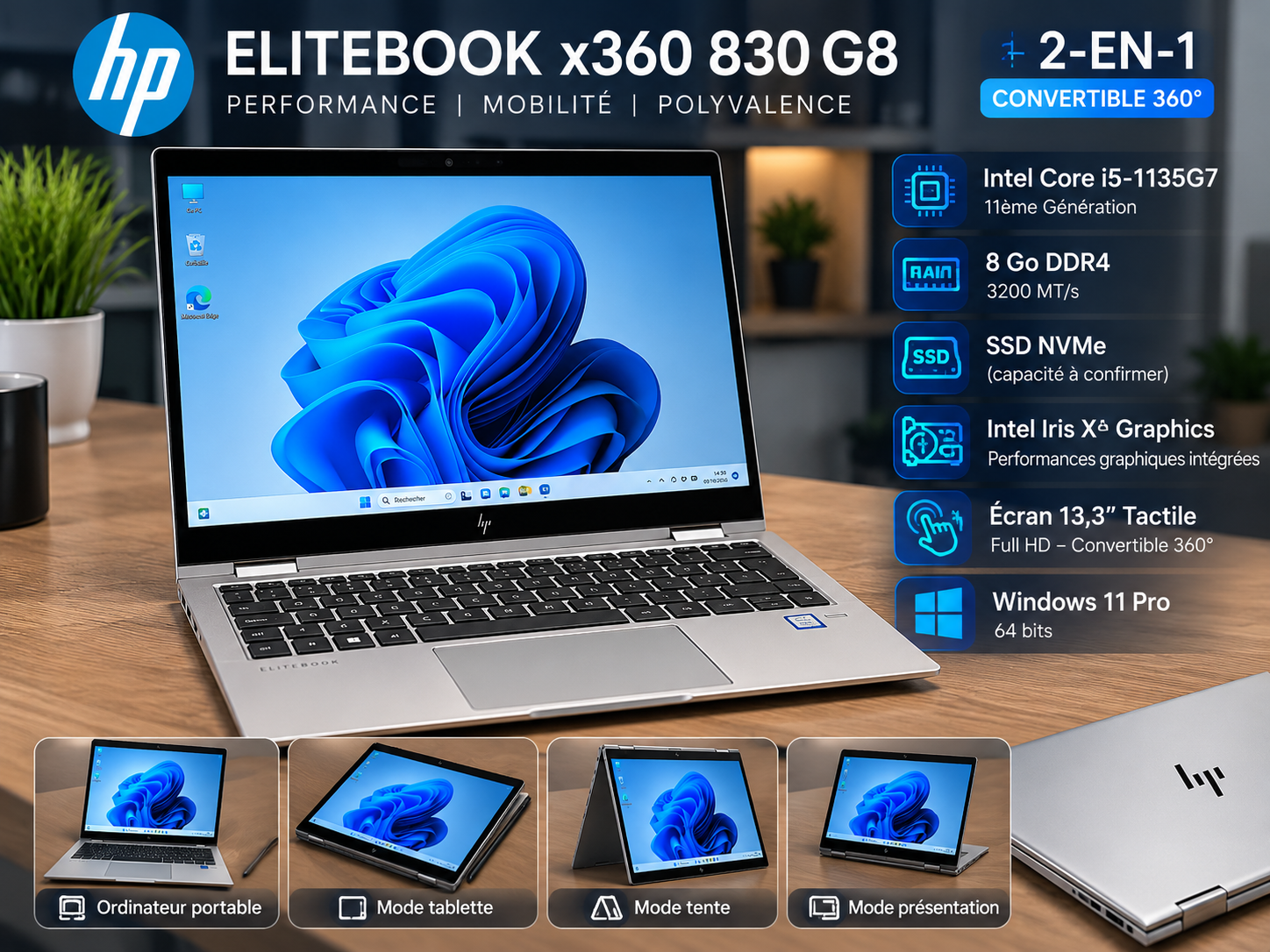 HP EliteBook x360 830 G8 – Intel Core i5 11ème Génération – 8 Go RAM – SSD NVMe – Tactile 360° 5