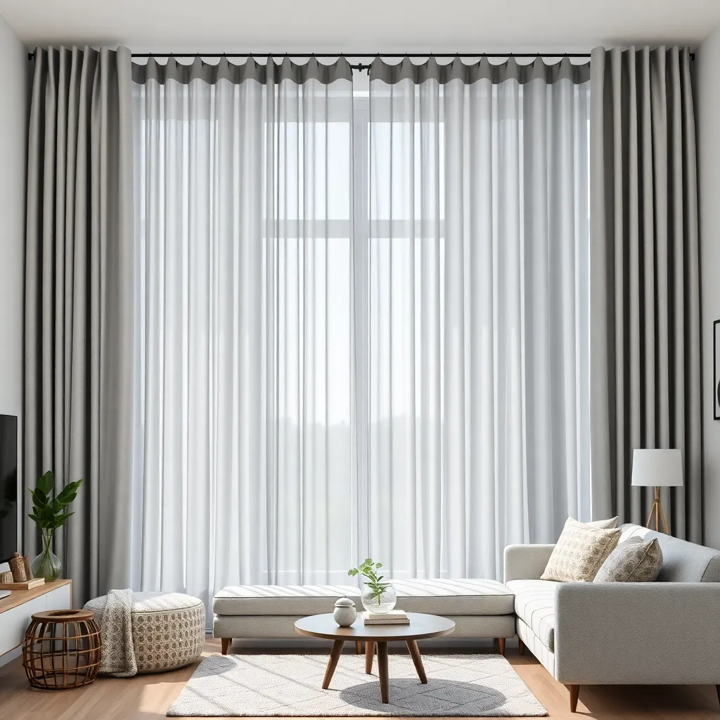 Modern living room with large window covered by neat gray curtains, cozy sofa and decorations, showing curtain quality and home aesthetic