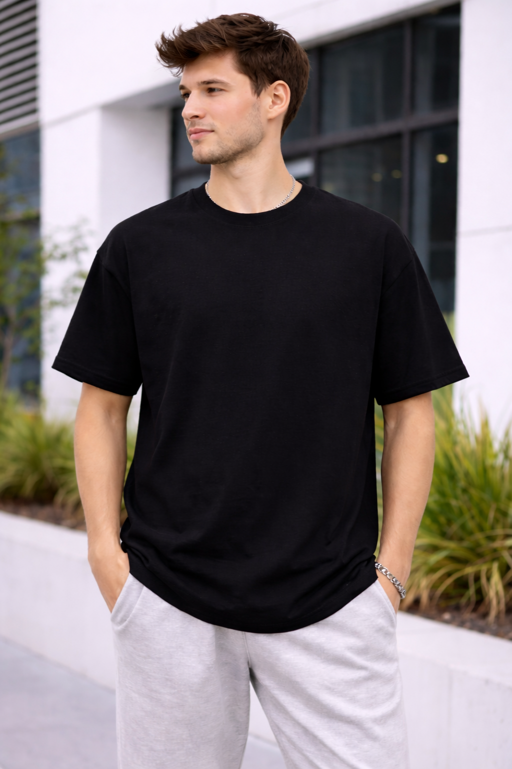 Unisex Oversized Black T-Shirt – 100% Cotton Drop Shoulder Round Neck Solid Tee | Streetwear Loose Fit t shirts image 2 thumbnail