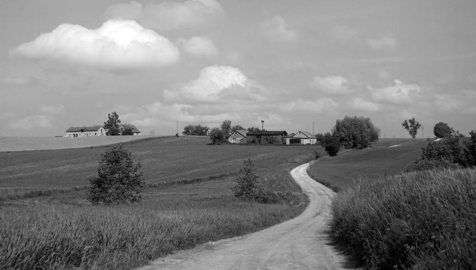 Narrow gravel road running along the shoreline of Seglinge island past a red wooden farmhouse and hay field