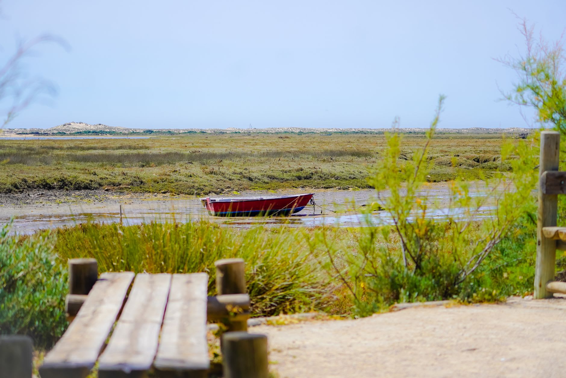 Cacela Velha's ruined Moorish fort walls with wildflowers growing from the cracks and the lagoon visible beyond