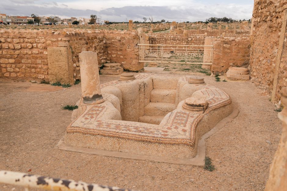 Roman mosaic floor uncovered at the Hippo Regius archaeological site in Annaba