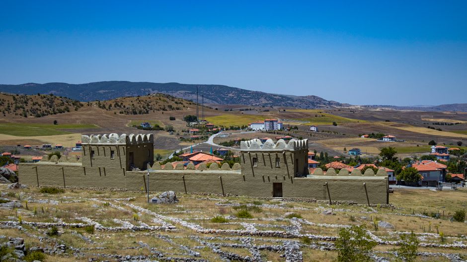 The reconstructed section of Hattusa's massive defensive walls, showing the scale of the ancient Hittite fortifications