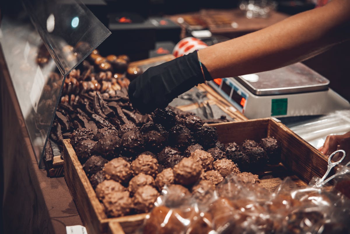 Artisan chocolate displays in a Bariloche chocolateria