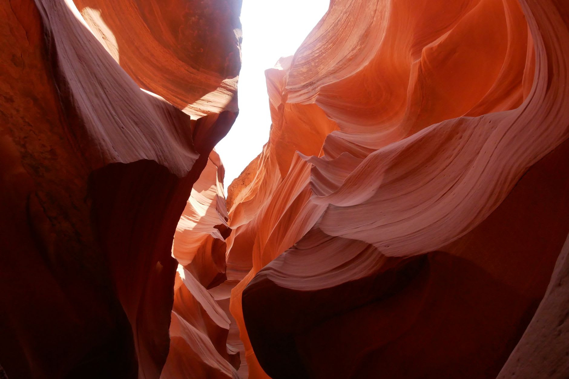 The swirling orange sandstone walls of Antelope Canyon narrowing to a thin strip of blue sky high above
