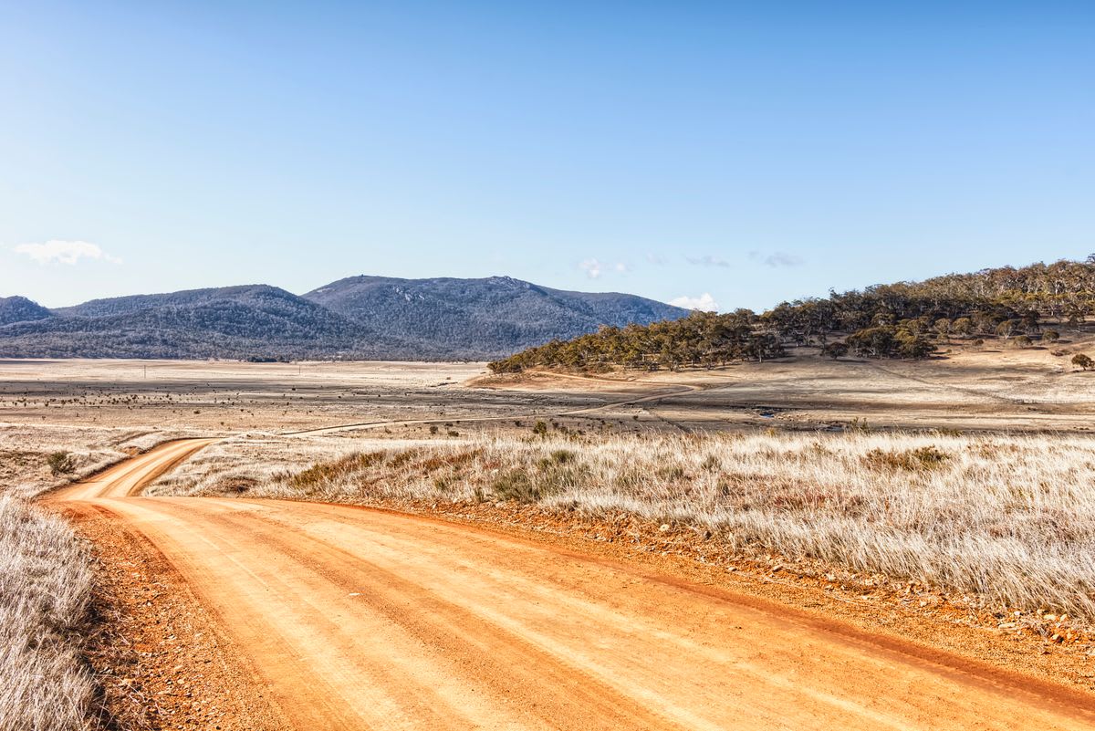 Una carretera sinuosa conduce hacia las crestas de arenisca de los Grampians bajo un cielo azul abierto, con maleza de eucaliptos a ambos lados