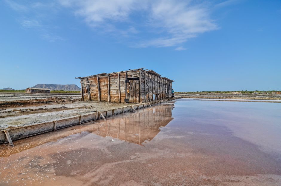 Cracked white salt-pan flats inland from Port Nelson on Rum Cay, remnants of the island's 19th-century salt industry