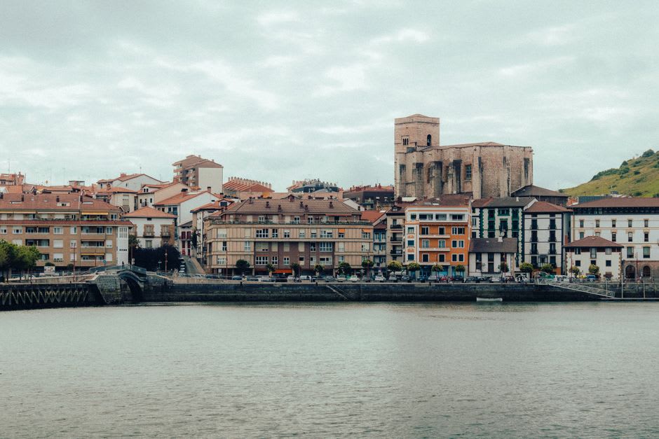 The San Pedro church in Zumaia's old town near the working port