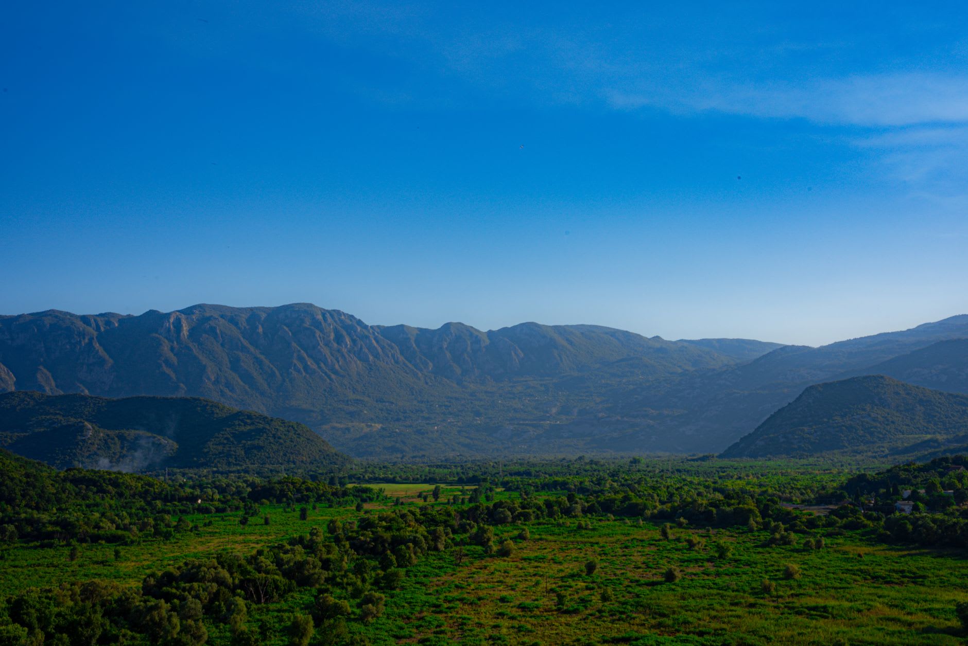 Looking out from the Yammouneh plateau over the Bekaa Valley toward the Anti-Lebanon mountains on a clear autumn morning
