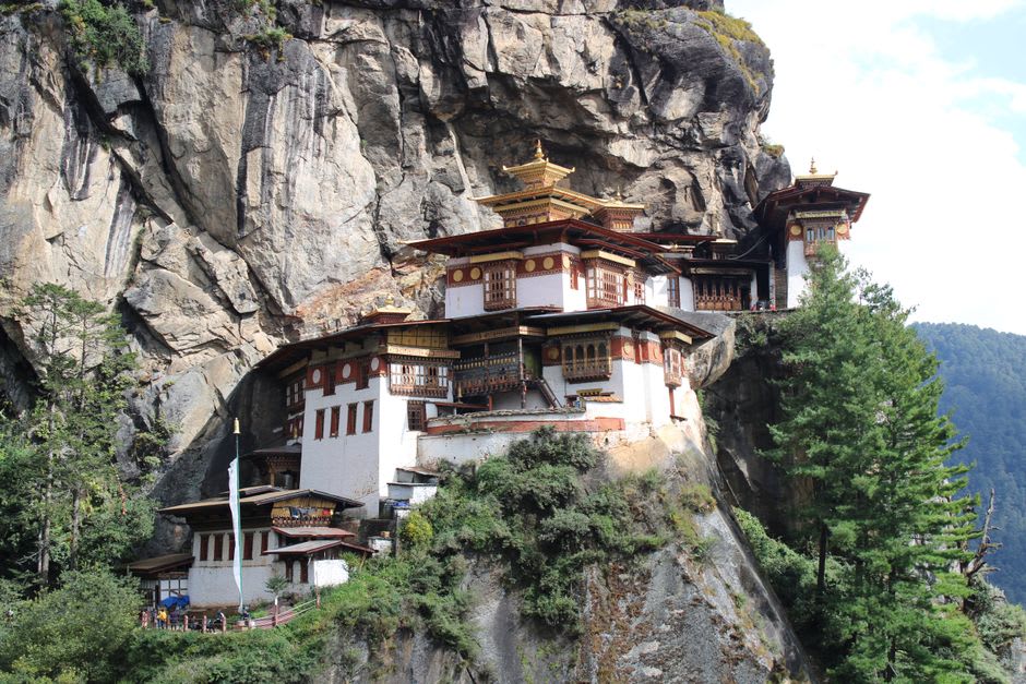 View from the trail below Chele La Pass looking toward Kila Nunnery built into the cliffside
