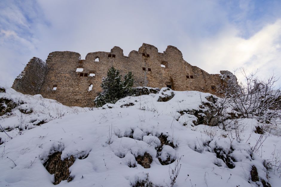 Moss-covered medieval ruins of Wildenstein Castle overlooking the Wutach Gorge