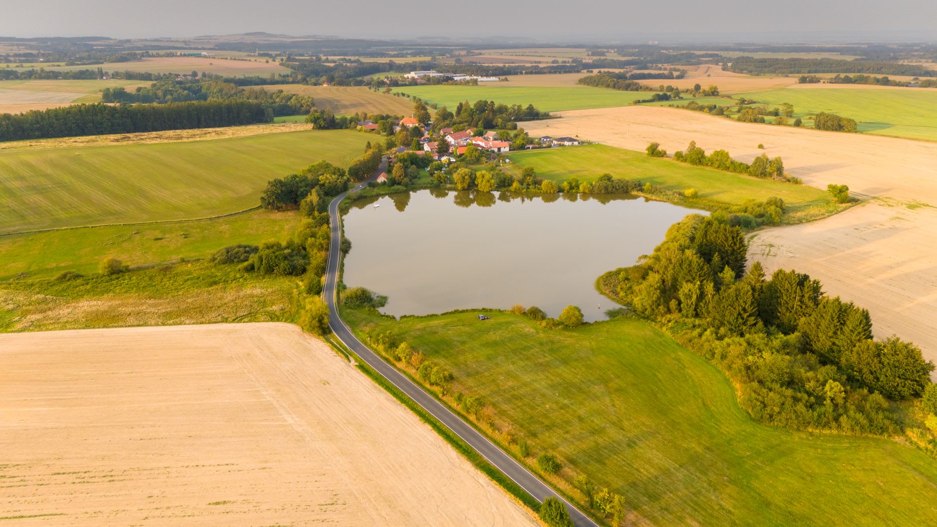 Le vaste étang à poissons Rožmberk au lever du soleil, brume sur l'eau, un héron debout en bordure des roseaux, le ciel reflété dans la surface calme