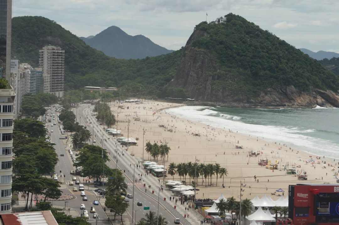 Copacabana's crescent beach and promenade seen from above, with the mosaic wave pattern of the sidewalk visible
