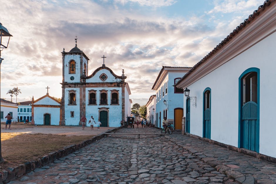 Colonial architecture reflected in the wet cobblestones of Paraty's old town