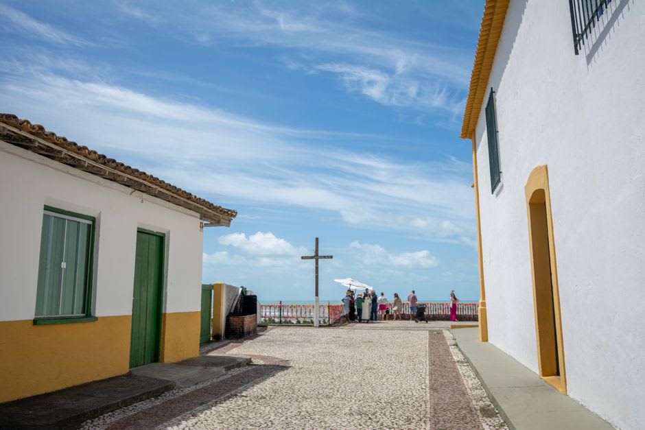 Whitewashed colonial church in the Cidade Histórica overlooking Porto Seguro's coastline