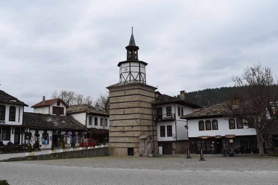 The 1814 stone clock tower of Tryavna overlooking the old town square