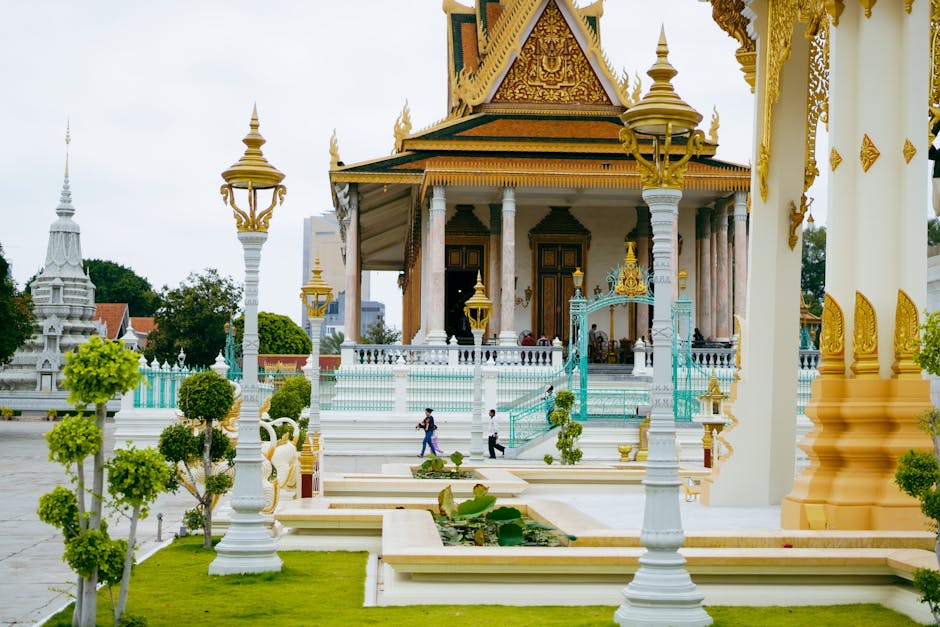 Traditional Cambodian architecture with ornate rooflines in Phnom Penh