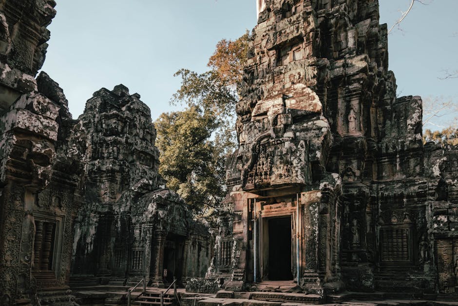 Ornate stone carvings at a temple near Siem Reap