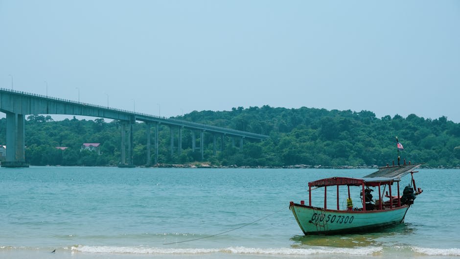 Fishing boats moored in calm waters along the Sihanoukville coast