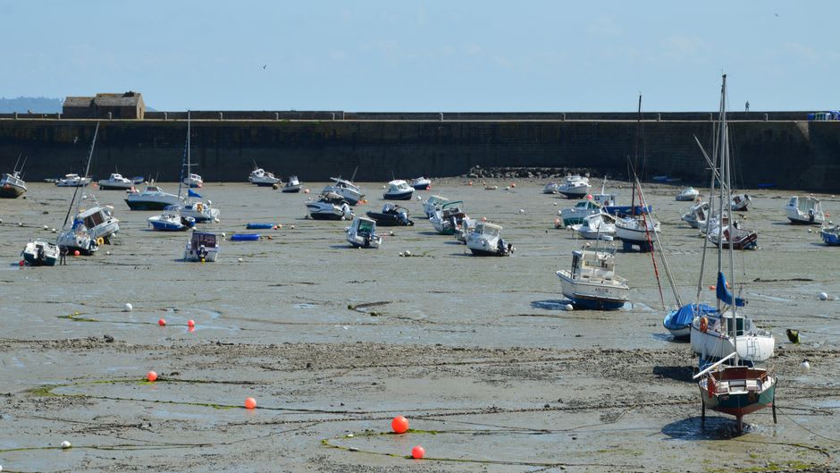 Digby scallop fleet resting on mudflats during low tide in the Bay of Fundy