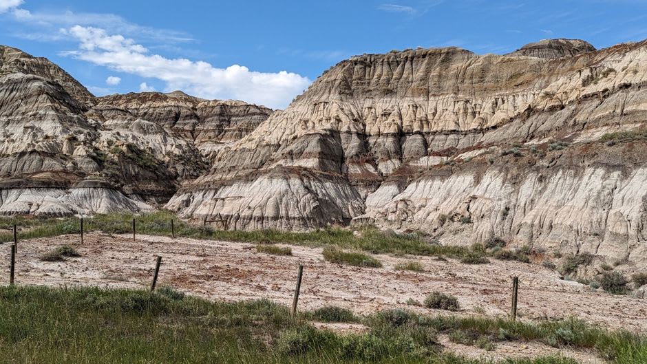 A partially exposed dinosaur fossil embedded in the eroded mudstone hillside