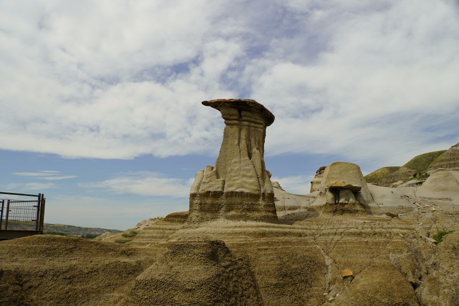 Striped badlands hoodoo formations under a wide Alberta sky near Drumheller