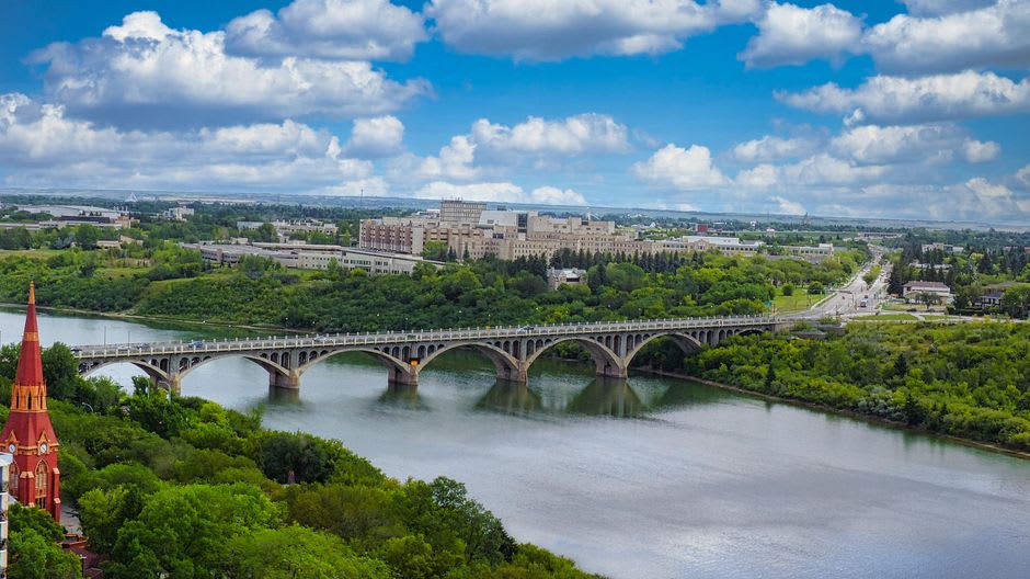 The North Saskatchewan River valley parkland winding through downtown Edmonton