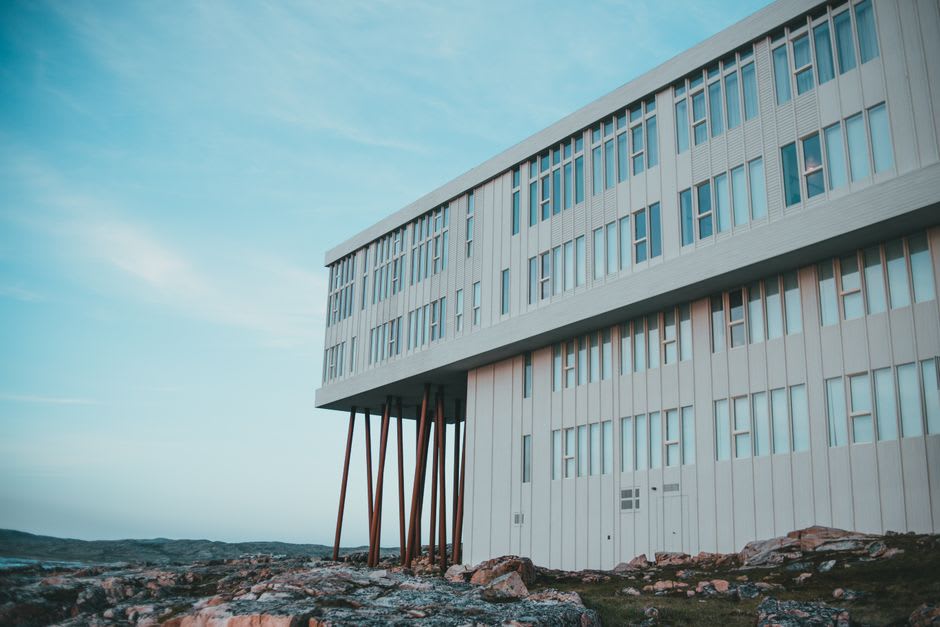 The angular, stilted Fogo Island Inn overlooking the rocky Atlantic coastline