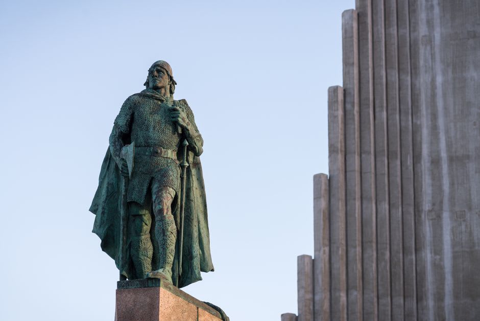 Bronze Viking statue standing guard at the entrance to Gimli's harbour on Lake Winnipeg