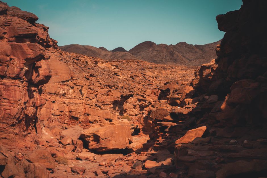 The rust-coloured, barren Tablelands plateau of exposed mantle rock in Gros Morne