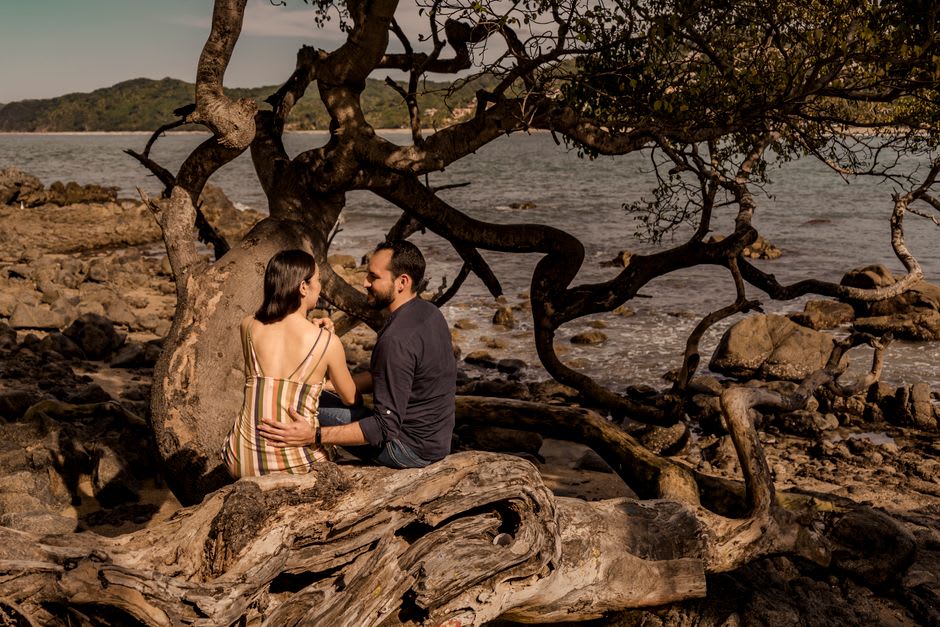 Arbutus tree with peeling orange bark leaning over a rocky Gulf Islands shoreline