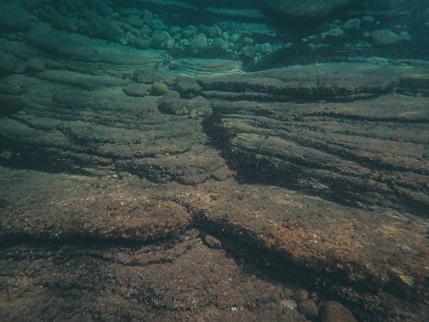 Visitor walking on the exposed ocean floor beneath towering flowerpot rock formations at low tide