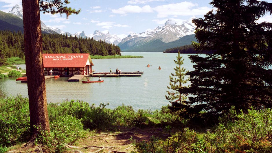 Mountain lake reflecting snow-capped peaks in Jasper National Park