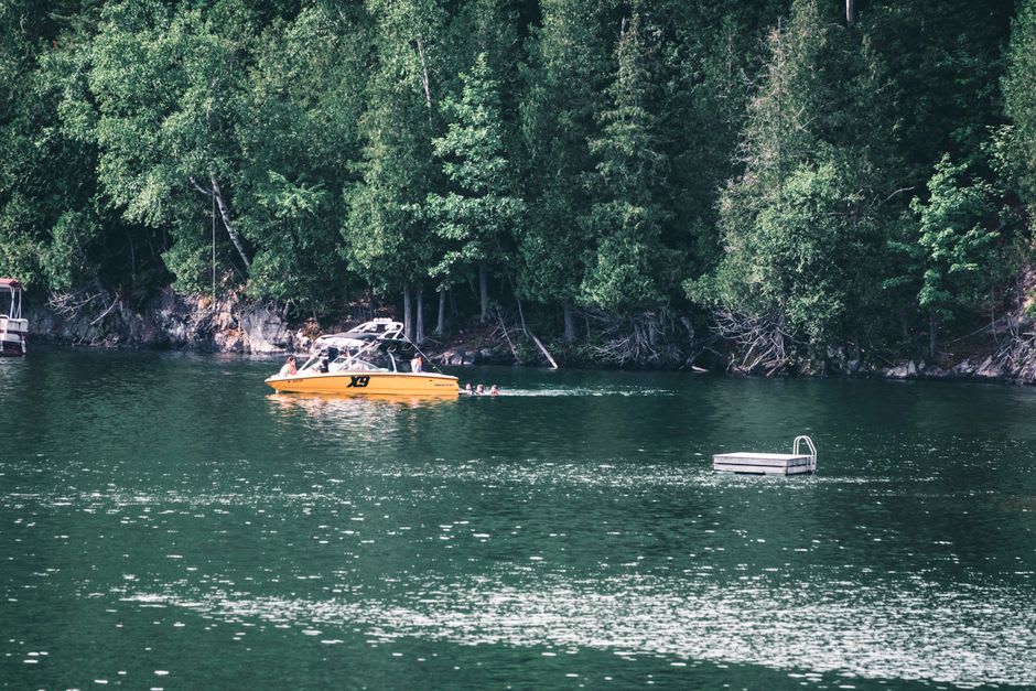 Kayak on misty Lac Monroe in Mont-Tremblant National Park