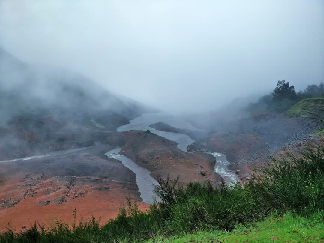 Steam rising from a natural hot spring pool beside the South Nahanni River surrounded by forest